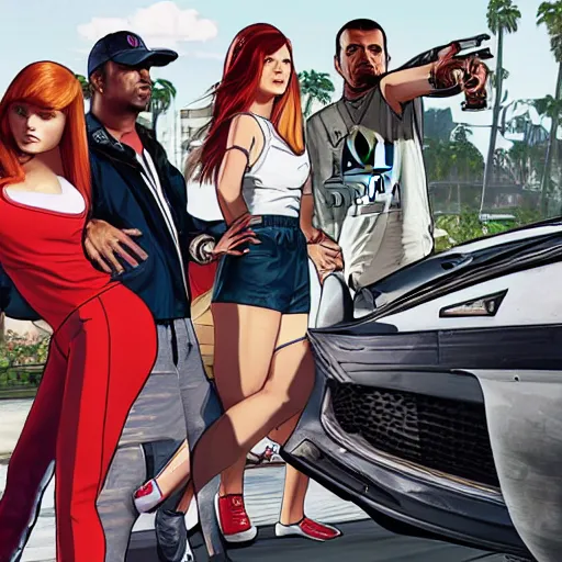 Image similar to A GTA 5 game loading screen featuring A Pterodactyl, La Llorona, a redhead Waifu, CHAPPIE in an Adidas track suit, and a TVR Sagaris