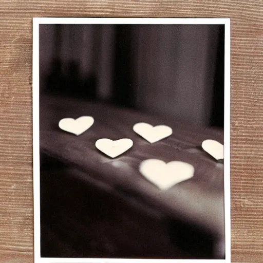 Image similar to instant photograph of love letters on a dark wood table, polaroid, light leak, depth of field