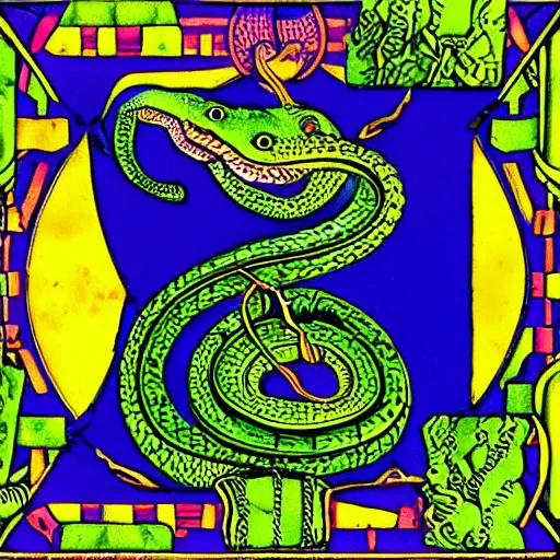Prompt: a snake biting itself in the center of a tarot card with intricate details in the frames, colors: green, violet, blue, yellow, 4k, high quality render.