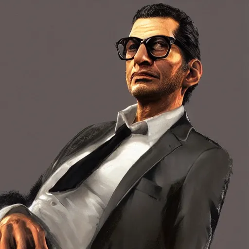 Image similar to Portrait of a Jeff Goldblum in a grand theft auto 5 loading screen , art by Albert Bierstadt and James Gurney, highly detailed, digital painting, matte painting, concept art, illustration, oppressive lighting, trending on artstation, very detailed