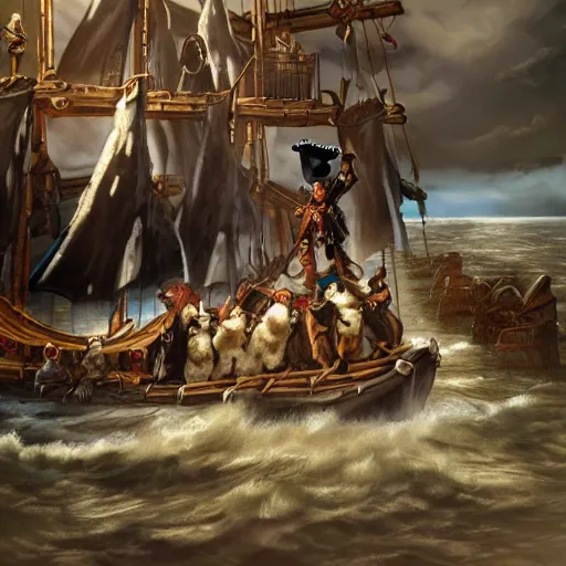 Image similar to a stop motion sheep pirate captain leading a crew of wolves on a pirate ship at sea ultrarealistic trending on art station