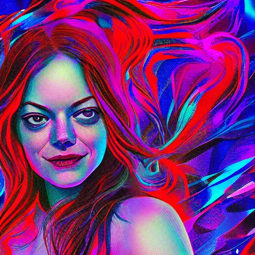 Image similar to surreal Emma Stone swimming in chromatic distortions in misty mysterious place, beautiful, psychedelic, lsd, trending on artstation, omnious, soft, artwork by Tran, Ross