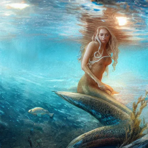 Image similar to High detail painting of a mermaid standin in an oyster, underwater fantasy world, full body, long blonde hair, blue eyes, fish tail, digital art, highly detailed, Greg Rutkowski, Chris Moore