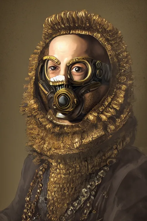 Image similar to portrait, headshot, digital painting, of a 17th century, regal, old, middle eastern, decadent, cyborg nobleman, dark hair, gasmask, amber jewels, baroque, ornate dark green opulent clothing, scifi, futuristic, realistic, hyperdetailed, concept art, chiaroscuro, Frans Hals style