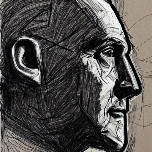 Image similar to a realistic yet scraggly portrait sketch of the side profile of a stern and sophisticated max headroom, trending on artstation, intricate details, in the style of frank auerbach, in the style of sergio aragones, in the style of martin ansin, in the style of david aja, in the style of mattias adolfsson