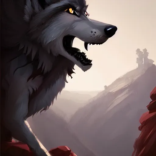 Image similar to an anthropomorphic wolf in a black doublet looking out over the hills, artstation hq, stylized, greg rutkowski, sharp focus, concept art, furaffinity fursona, furry