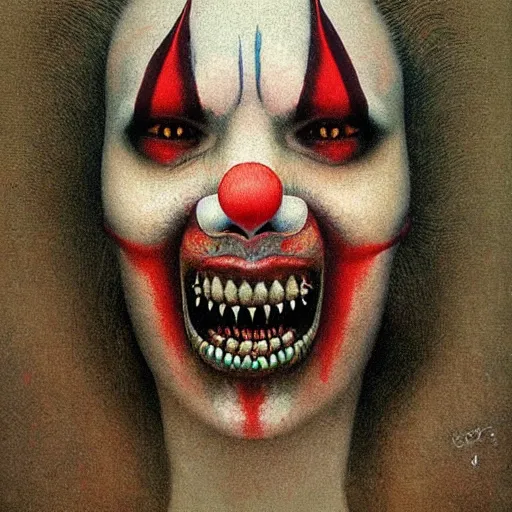 Image similar to evil beautiful female clown by Beksinski