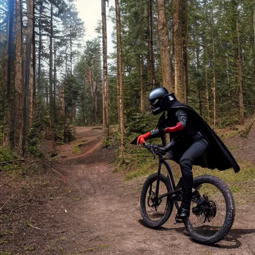 Prompt: darth vader ist riding a mountainbike fast through a burning forrest