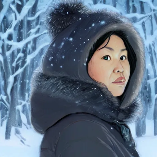 Image similar to portrait of emma an inuit in her 3 0 s with dark hair and chubby cheeks dressed in a winter parka, detailed face, smooth, sharp focus, graphic novel, art by artgerm and greg rutkowski and pepe larraz,