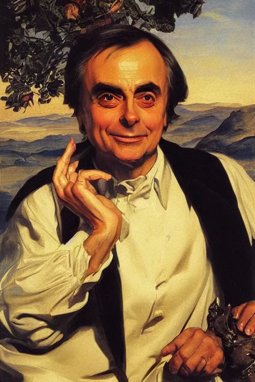 Image similar to Carl Sagan oil on canvas, golden hour, artstation, by J. C. Leyendecker and Peter Paul Rubens,