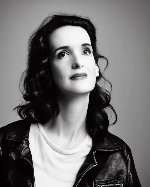 Image similar to headshot of young winona ryder, wearing a black leather jacket, tom waits t - shirt and blue jeans with a belt, photoshoot in the style of annie leibovitz, studio lighting, soft focus, bokeh