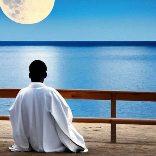 Prompt: back view of a sitting man wearing white robe playing piano in front of a giant moon rising from ocean