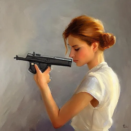 Image similar to woman with a gun painting by Vladimir Volegov