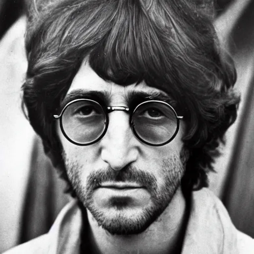 Image similar to a man who is a genetic combination of john lennon and paul mccartney and george harrison and ringo starr, face and upper - body focus, detailed eyes, photograph taken in 1 9 6 9, award winning photograph