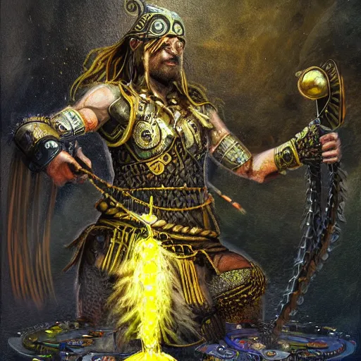 Image similar to mythological viking Shaman of artificial intelligence creating an artificial neural network with yellow synapses on an anvil, high resolution, award winning art, trending on art station, sharp image, incredibly detailed, detailed character realistic painting