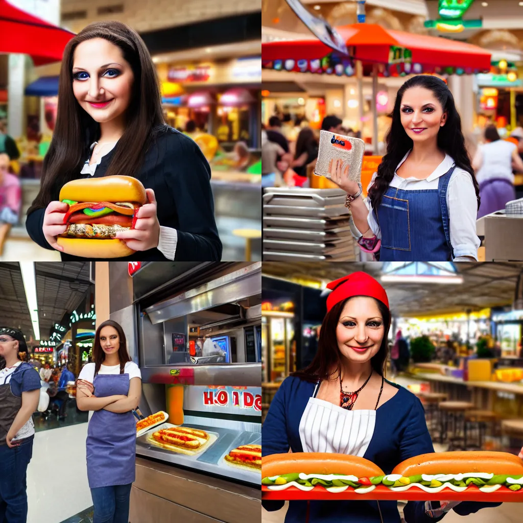 Prompt: smug Mona Lisa working at 'Hot Dog on a Stick' in the mall food court, DSLR photo, 4k