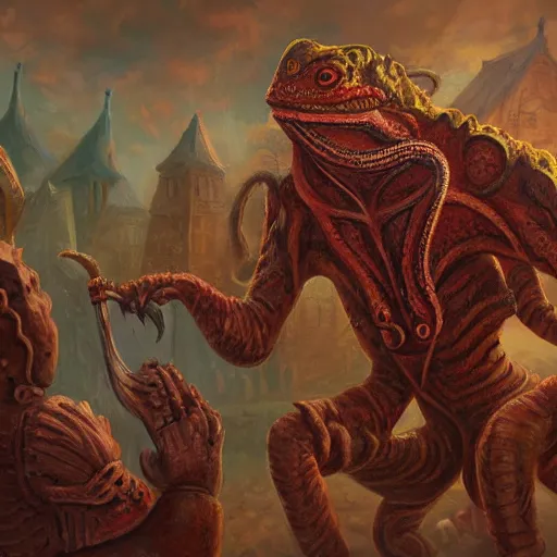 Image similar to a village built on the god of nyarlathotep, toad - like creatures that seemed to change their shape and appearance constantly, and from which emanated, in some way that i am unable to distinguish, a horrible hooting, a kind of flute. oil painting, digital art, ultradetailed, artstation