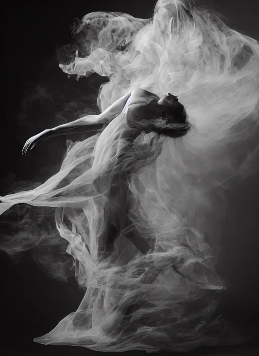 Image similar to a Photorealistic dramatic hyperrealistic render of a glamorous beautiful Female smoke dancer by Ken Brower and Deborah Ory of NYC Dance project,Lois Greenfield,Flowing cloth and smoke,Beautiful dynamic dramatic dark moody lighting,volumetric,shadows,cinematic atmosphere,Octane render,8K