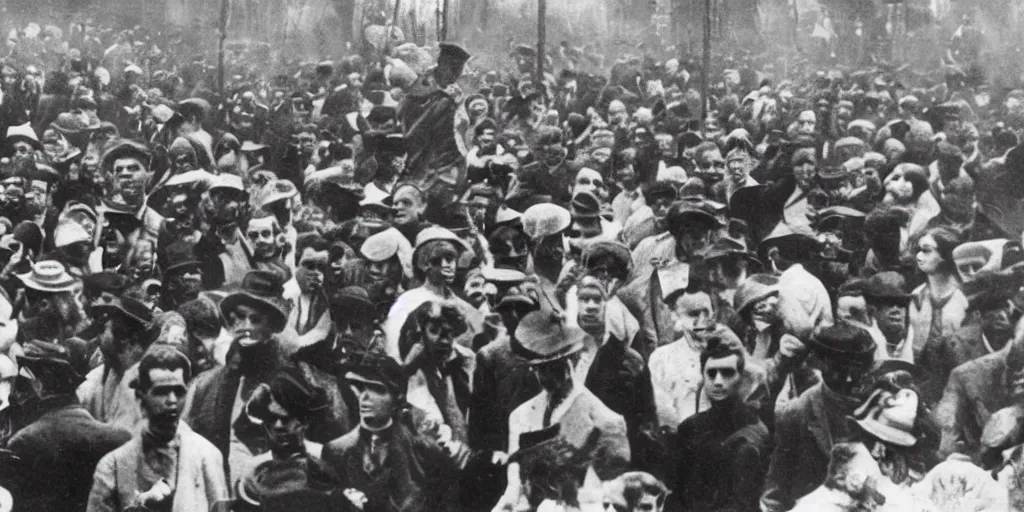 Image similar to scary unproportionable tall ghost creature in the middle of a crowd, 1900s picture