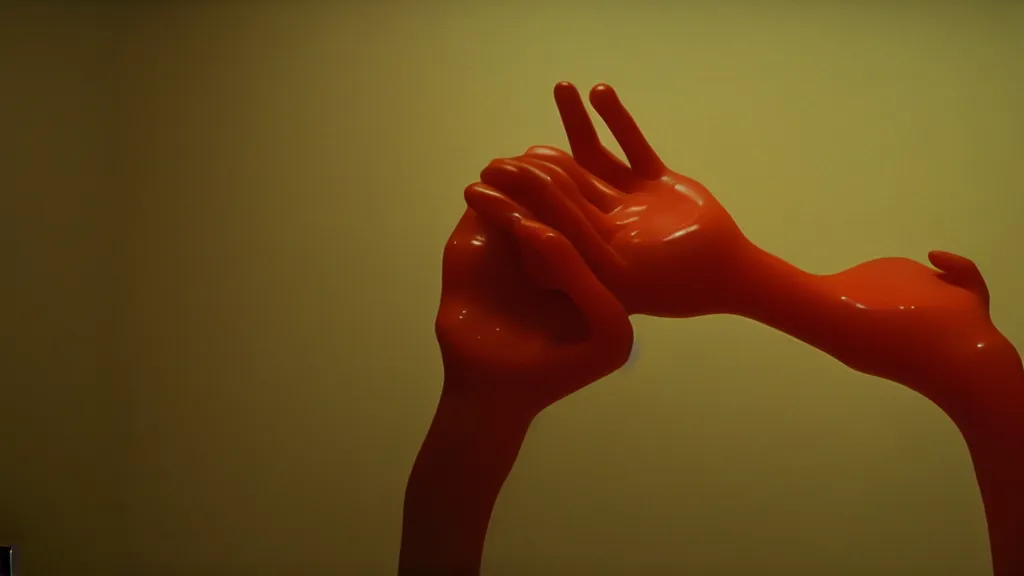 Image similar to a giant hand made of wax float through the living room, film still from the movie directed by Denis Villeneuve with art direction by Zdzisław Beksiński, wide lens