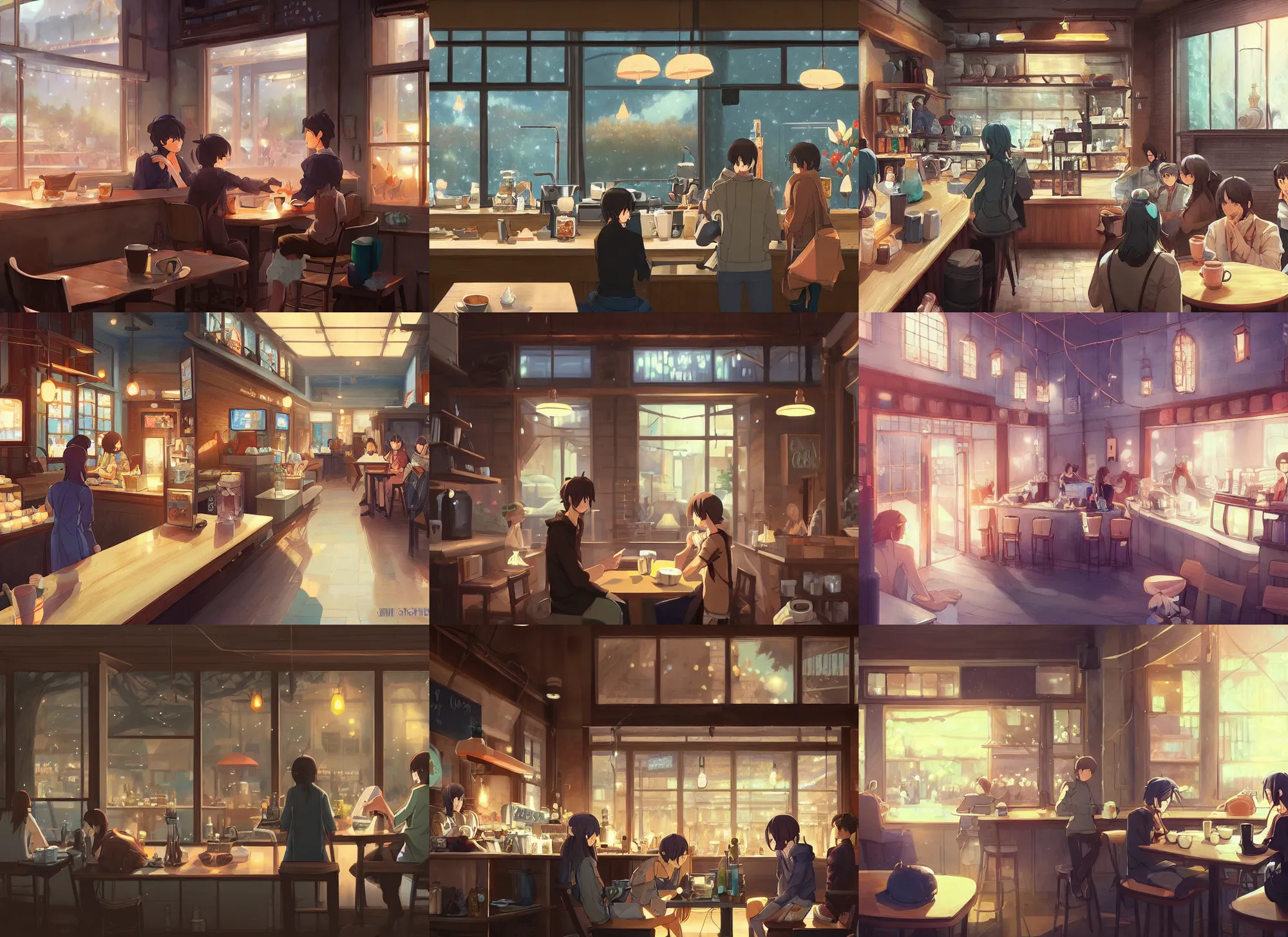 Prompt: inside a cozy coffee shop, a fantasy digital painting by makoto shinkai, trending on artstation, highly detailed