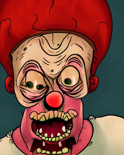 Image similar to portrait of an ugly old possessed crying clown in the style of justin roiland. ugly, creepy, demonic, horror. cinematic lighting. photographic, photography. by justin roiland