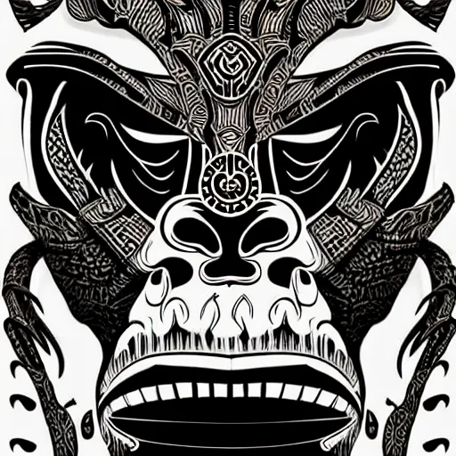 Image similar to barong family member face, face close up, wiwek, mara demon, one single tribe member, jungle, one single mask, dark, ancient warrior, gorilla, lizard, tribal, inner glow, art by dan mumford and justin gerard