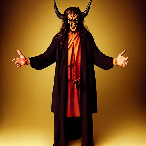 Image similar to uhd photorealisitc candid photo of satan. correct costume. correct face, accurate face. photo by annie leibowitz and steve mccurry