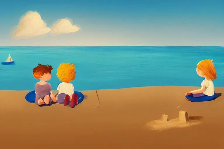 Image similar to Two children sitting on the beach making sandcastles, blue sky, muted colors, artstation, children's book, HD, by Benji Davies