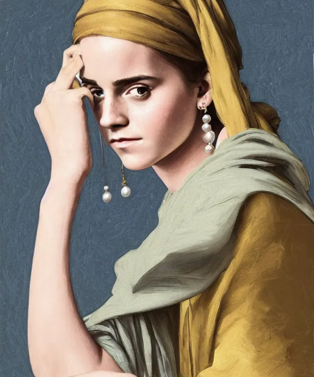 Image similar to Emma Watson as the girl with the pearl earring, highly detailed, digital painting, artstation, concept art, smooth, sharp focus, illustration, ArtStation, art by artgerm and greg rutkowski and alphonse mucha and J. C. Leyendecker and Edmund Blair Leighton and Katsuhiro Otomo and Geof Darrow and Phil hale and Ashley wood and Ilya repin and Charlie Bowater