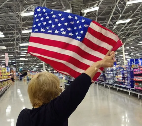 Image similar to A woman holding up a flag at Wal-Mart