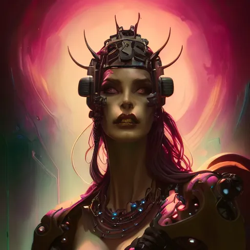 Prompt: a portrait of a nubile cybernetic duchess of hell, cyberpunk concept art by pete mohrbacher and wlop and artgerm and josan gonzales and jean claude meziere and syd mead and moebius, trending on artstation, unreal engine, highly detailed, intricate, sharp focus, digital art, 8 k