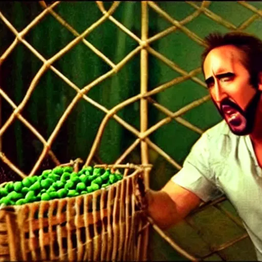 Image similar to nicolas cage trapped in a wicker cage with peas on his face, screaming, movie still, hdr