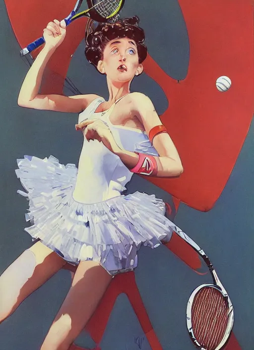 Image similar to a copic maker art nouveau portrait of a russian girl playing tennis at high speed wearing a futuristic latex pilot evangelion suit and a puffy skirt designed by balenciaga by john berkey norman rockwell