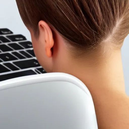 Prompt: usb cable plugged in, back of head, woman, computer, hair clip