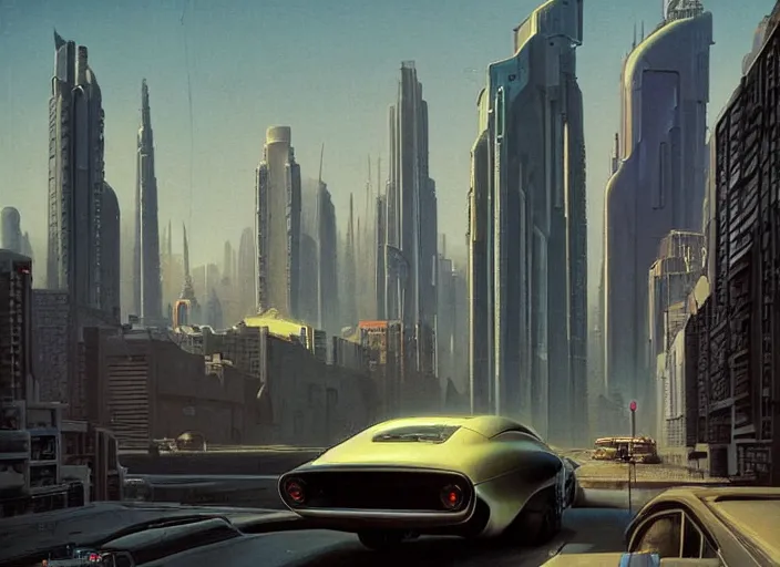 Image similar to a car driving down a street next to tall buildings the night at noon, cyberpunk art by Chesley Bonestell, cgsociety, retrofuturism, matte painting, reimagined by industrial light and magic