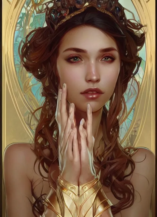 Image similar to queen, hannah owo face, incredibly detailed face, pretty face, light dress, true anatomy, art by artgerm and greg rutkowski and alphonse mucha