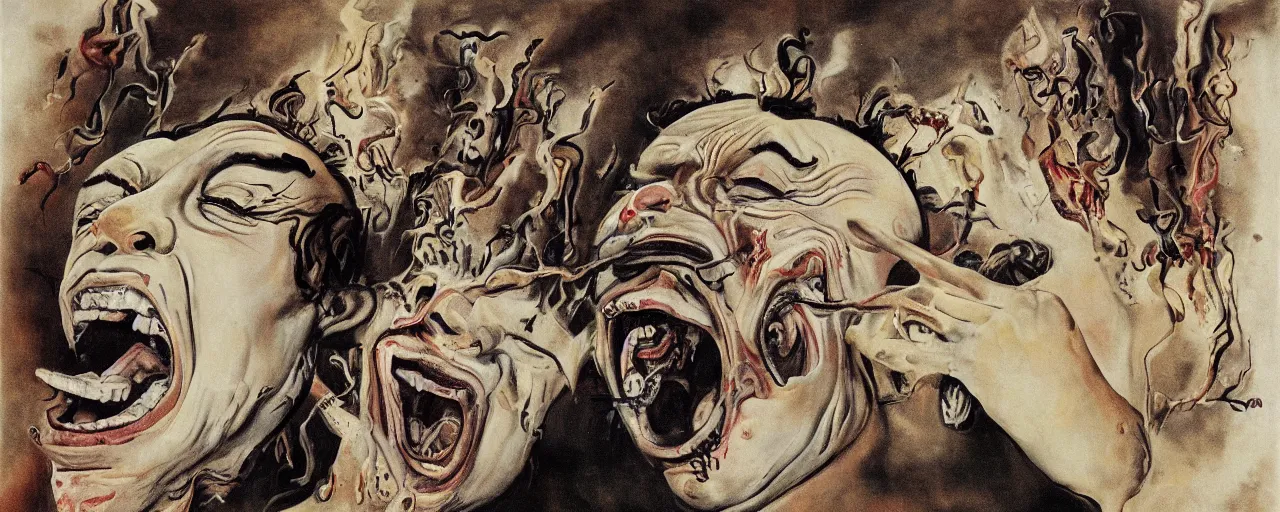 Prompt: portrait of a mad man screaming and melting in style of Yamato and Salvador Dali,