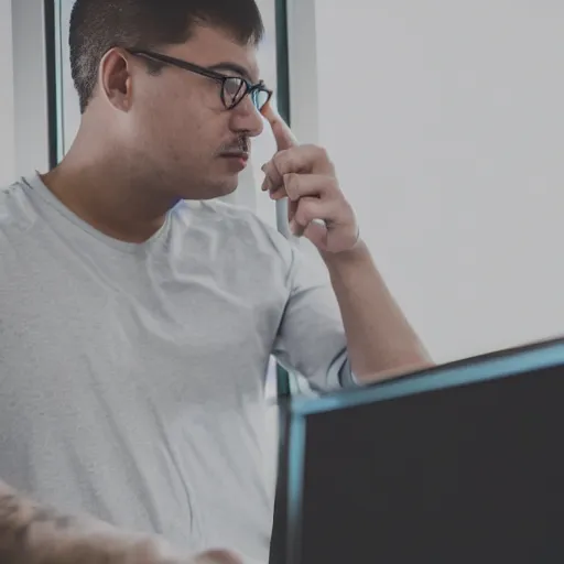 Prompt: A man pointing angrily at his computer monitor on the space station, 35mm, f/1.4, f1.8 anamorphic, bokeh, 4k, Canon, Nikon