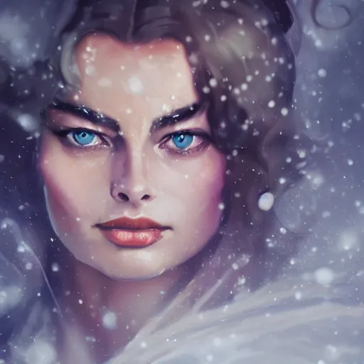 Prompt: a beautiful ultradetailed fantasy character portrait of margot robbie as a geisha wielding a sword by zach sutton and charlie bowater, catchlight in the eyes, trending in behance, close up 50mm portrait photo, bokeh, 4K, during snowfall