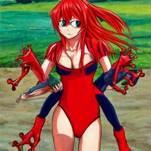 Prompt: Asuka Langley Soryu riding a frog