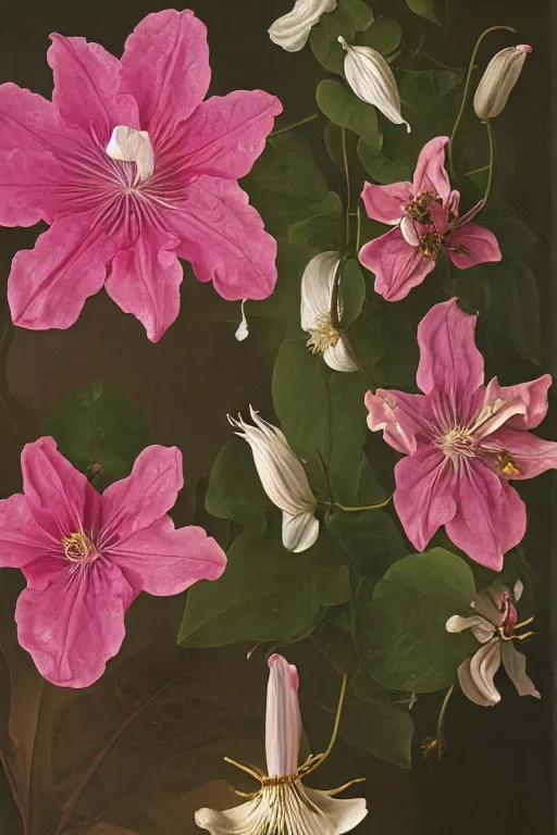 Prompt: thousands of clustered pink dripping clematis liquefying dripping with pink paint by ambrosius bosschaert and salvador dali, oil on canvas