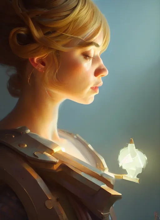 Image similar to side portrait, imogen poots, paladin, gloomhaven, organic painting, hard edges, luminescent, by greg manchess, huang guangjian, gil elvgren, sachin teng, greg rutkowski, jesper ejsing, rhads, ilya kuvshinov, cushart krenz