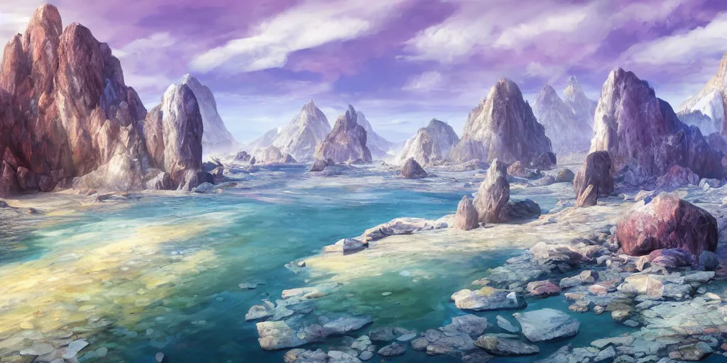 Image similar to a desolate salt covered island surrounded by colourful rugged crystal quartz mountains, illustration, bright sunlight, sun glints, sunrays, digital art, hyperrealistic, oil painting, fantasy, 8 k, trending on artstation, detailed