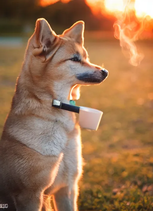 Image similar to photo of Shibu Inu smoking, 35mm, f/1.4, Golden Hour light, ,