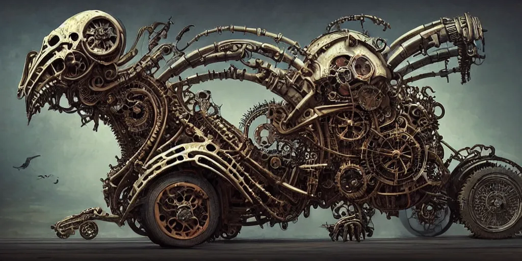 Image similar to biomechanical steampunk vehicle reminiscent of fast sportscar with robotic parts and (glowing) headlights parked in ancient lush palace, gothic and baroque, brutalist architecture, ultradetailed, creepy ambiance, fog, artgerm, giger, Intricate by Ellen Jewett and Josan Gonzalez and Giuseppe Arcimboldo