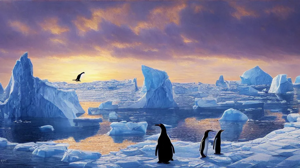 Image similar to the most beautiful panoramic landscape, oil painting, where a giant iceberg is lost in middle of the artic ocean, a giant penguin is exhaling steam while walking over the iceberg, the artic ocean is reflecting the giant penguin over the iceberg and the ray lights of the sunset are brightening him, by greg rutkowski