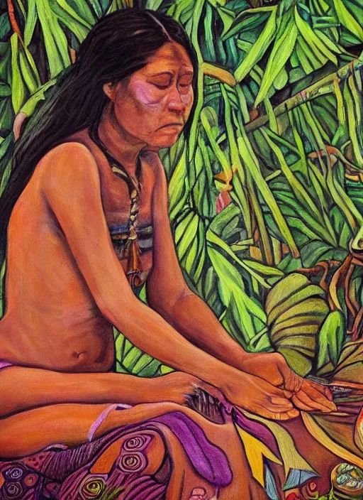 Prompt: a beautiful painting of an indigenous female doing crafting of a beautiful fabric in the jungle, realistic face and body, ayahuasca, trending on deviant art