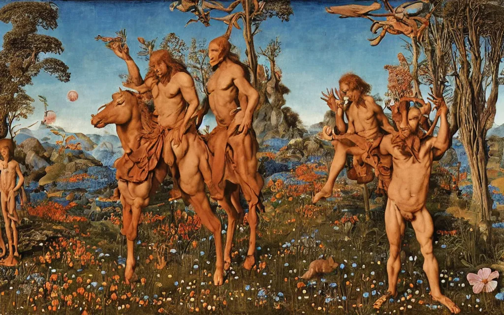 Image similar to a portrait photograph of a meditating satyr and a centaur monk riding a rocket machine and hunting at a river delta. surrounded by bulbous flowers and trees. mountain range under a blue sky of fiery stars. by jan van eyck, max ernst, ernst haeckel, ernst fuchs and artgerm, cgsociety, fashion editorial, 8 k