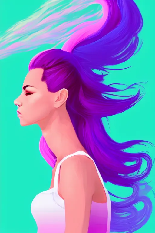 Image similar to a award winning half body porttrait of a beautiful woman in a croptop with ombre purple pink teal hairstyle with head in motion and hair flying, outrun, vaporware, shaded illustration, digital art, trending on artstation, highly detailed, fine detail, intricate